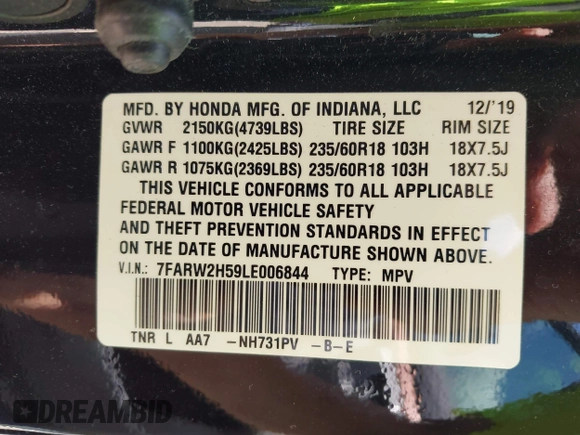 2020 Honda CR-V EX with VIN 7FARW2H59LE006844, listed as a IAAI auction lot 42548326 with 48,944 mi miles and . Bid and sale history available at DreamBid. Image 9.