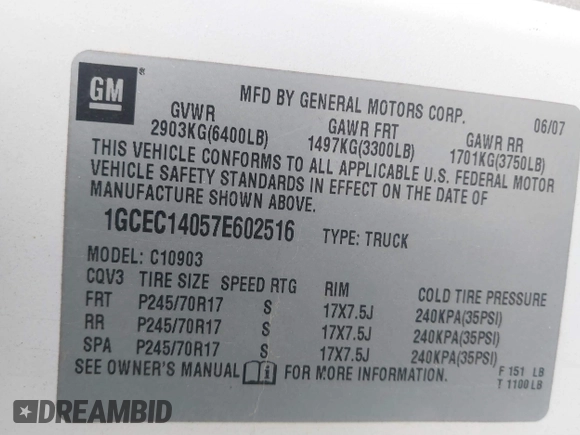 2007 Chevrolet Silverado 1500 Work Truck with VIN 1GCEC14057E602516, listed as a IAAI auction lot 41434497 with 276,087 mi miles. Bid and sale history available at carsss.com. Image 9.