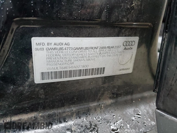 2004 Audi A4 3.0L with VIN WAULT68E54A027800, listed as a Copart auction lot 84886194 with 0 mi miles and Salvage Title. Bid and sale history available at carsss.com. Image 15.