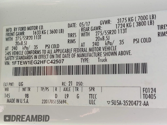 2017 Ford F-150 XL with VIN 1FTEW1EG2HFC42507, listed as a IAAI auction lot 41880756 with 145,889 mi miles. Bid and sale history available at carsss.com. Image 9.
