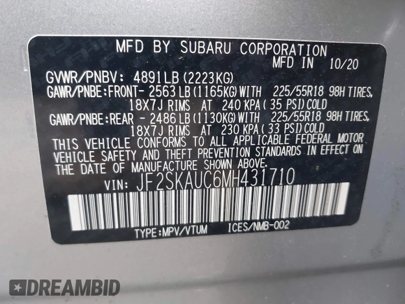 2021 Subaru Forester Limited z VIN JF2SKAUC6MH431710, wystawiony jako IAAI lot #42354040 z przebiegiem 13 569 mil mil oraz . Historia ofert i sprzedaży dostępna na DreamBid. Obrazek 9.