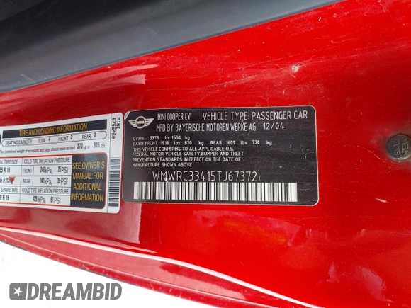 2005 MINI Hardtop with VIN WMWRC33415TJ67372, listed as a IAAI auction lot 42120875 with 153,727 mi miles and . Bid and sale history available at DreamBid. Image 9.