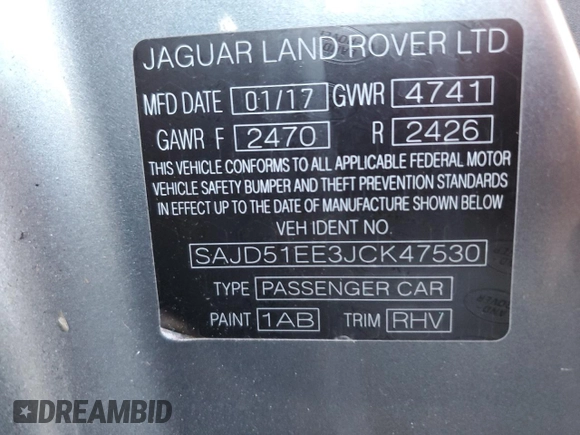 2018 Jaguar F-Type with VIN SAJD51EE3JCK47530, listed as a Copart auction lot 63496694 with 46,341 mi miles and Salvage Title. Bid and sale history available at DreamBid. Image 13.