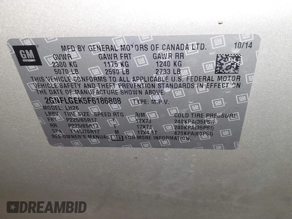 2015 Chevrolet Equinox LT with VIN 2GNFLGEK5F6186808, listed as a IAAI auction lot 41384355 with 182,599 mi miles. Bid and sale history available at carsss.com. Image 9.
