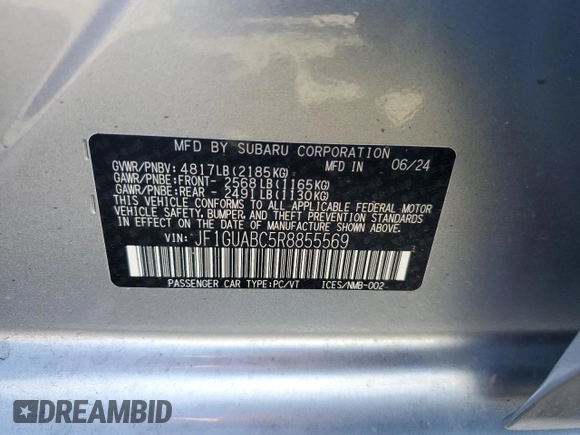 2024 Subaru Impreza with VIN JF1GUABC5R8855569, listed as a Copart auction lot 50384825 with 1,733 mi miles and Salvage Title. Bid and sale history available at carsss.com. Image 14.