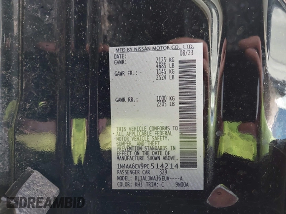 2023 Nissan Maxima SV with VIN 1N4AA6CV9PC514214, listed as a IAAI auction lot 41751672 with Not provided miles and . Bid and sale history available at DreamBid. Image 9.