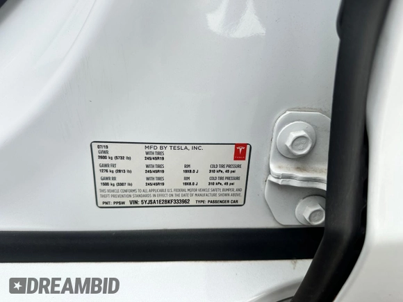 2019 Tesla Model S 75D with VIN 5YJSA1E28KF333962, listed as a Copart auction lot 54815975 with 21,203 mi miles and Salvage title. Bid and sale history available at DreamBid. Image 10.