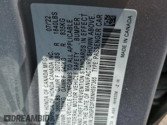 2022 Honda Civic Sport z VIN 2HGFE2F5XNH597365, wystawiony jako Copart lot #55620735 z przebiegiem 28 526 mil mil oraz Szkoda całkowita • Salvage title. Historia ofert i sprzedaży dostępna na DreamBid. Obrazek 13.