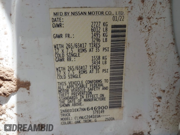 2022 Nissan Frontier Pro-4X with VIN 1N6ED1EK7NN646900, listed as a IAAI auction lot 42098778 with 41,292 mi miles and . Bid and sale history available at DreamBid. Image 9.
