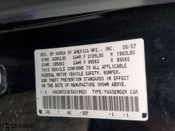 2007 Honda Accord Cpe LX with VIN 1HGCM72367A019921, listed as a Copart auction lot 81838474 with 359,932 mi miles and Salvage Title. Bid and sale history available at carsss.com. Image 12.