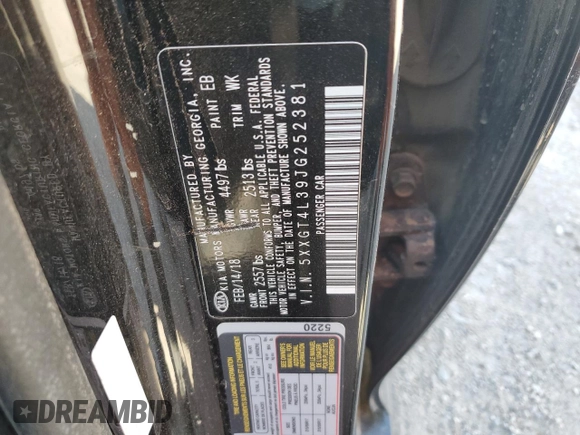 2018 Kia Optima LX with VIN 5XXGT4L39JG252381, listed as a Copart auction lot 52495335 with Not Provided miles and Salvage Title. Bid and sale history available at DreamBid. Image 12.
