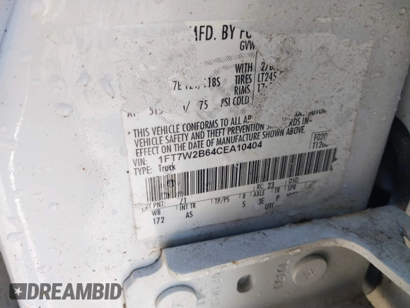 2012 Ford F-250 XL with VIN 1FT7W2B64CEA10404, listed as a IAAI auction lot 41375436 with 257,118 mi miles and . Bid and sale history available at DreamBid. Image 9.