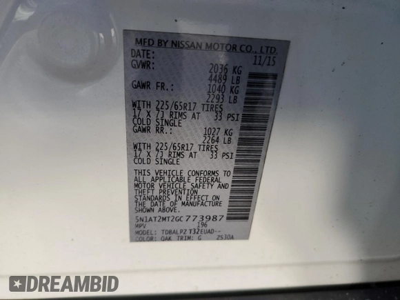 2016 Nissan Rogue SL with VIN 5N1AT2MT2GC773987, listed as a Copart auction lot 89164045 with 118,288 mi miles and Salvage Title. Bid and sale history available at carsss.com. Image 13.