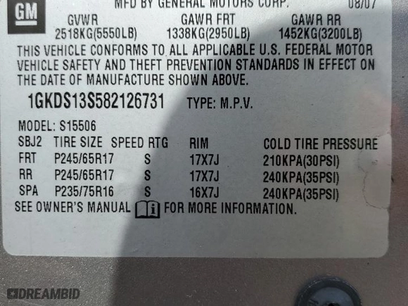 2008 GMC Envoy SLE2 with VIN 1GKDS13S582126731, listed as a Copart auction lot 49611805 with 117,314 mi miles and Salvage Title. Bid and sale history available at carsss.com. Image 13.