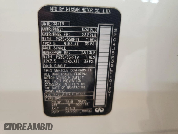 2020 Infiniti QX50 Luxe with VIN 3PCAJ5M38LF101201, listed as a Copart auction lot 53521305 with 74,448 mi miles and Salvage title. Bid and sale history available at DreamBid. Image 15.