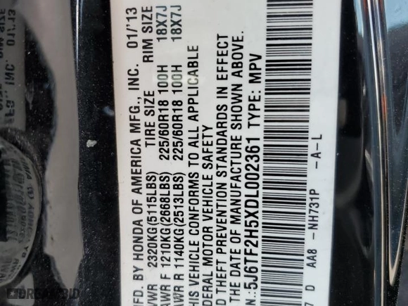 2013 Honda Crosstour EX-L with VIN 5J6TF2H5XDL002361, listed as a Copart auction lot 50926055 with 201,636 mi miles and Salvage Title. Bid and sale history available at carsss.com. Image 13.