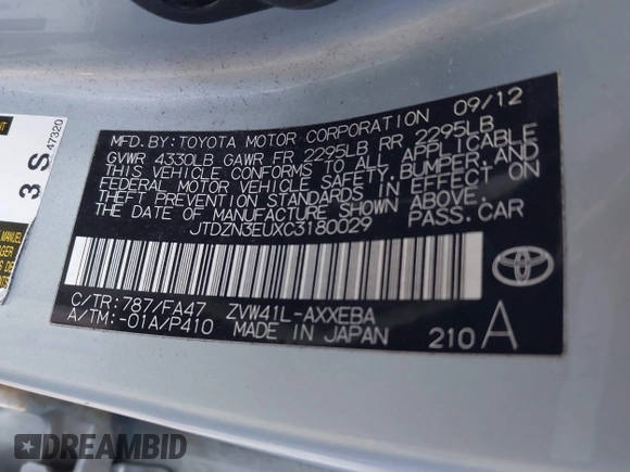2012 Toyota Prius Two z VIN JTDZN3EUXC3180029, wystawiony jako IAAI lot #42017162 z przebiegiem 247 630 mil mil oraz . Historia ofert i sprzedaży dostępna na DreamBid. Obrazek 9.