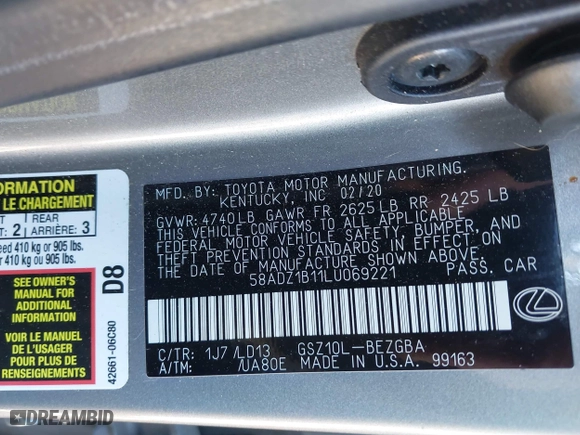 2020 Lexus ES with VIN 58ADZ1B11LU069221, listed as a IAAI auction lot 41705468 with 49,853 mi miles. Bid and sale history available at carsss.com. Image 9.