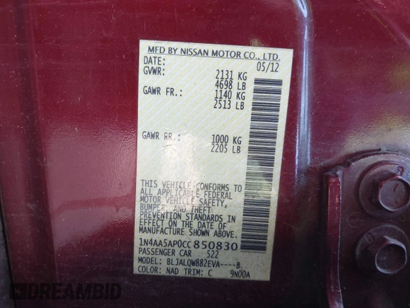 2012 Nissan Maxima SV с VIN 1N4AA5AP0CC850830, выставлен на аукционе IAAI как лот 42763781 с пробегом 142 425 миль миль и . История ставок и продаж доступна на DreamBid. Изображение 9.