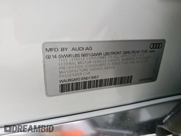 2014 Audi A8 3.0T with VIN WAURGAFD1EN013057, listed as a Copart auction lot 61161595 with 103,560 mi miles and Salvage title. Bid and sale history available at DreamBid. Image 13.