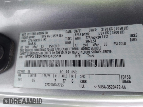 2021 Ford F-150 XL with VIN 1FTFX1E54MFC43510, listed as a IAAI auction lot 41251459 with 15,391 mi miles and . Bid and sale history available at DreamBid. Image 9.