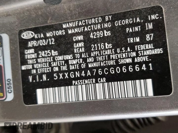 2012 Kia Optima EX with VIN 5XXGN4A76CG066641, listed as a Copart auction lot 54787315 with 162,156 mi miles and Non Repairable. Bid and sale history available at carsss.com. Image 12.