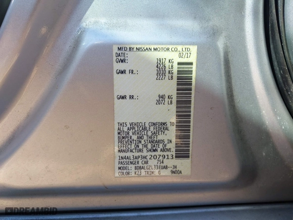 2017 Nissan Altima 2.5 SR with VIN 1N4AL3AP3HC207913, listed as a IAAI auction lot 41505152 with 109,258 mi miles. Bid and sale history available at carsss.com. Image 9.