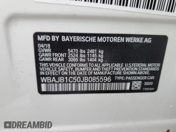 2018 BMW 5 Series 530e xDrive with VIN WBAJB1C50JB085596, listed as a Copart auction lot 63790042 with Not Provided miles and Salvage Title. Bid and sale history available at DreamBid. Image 10.