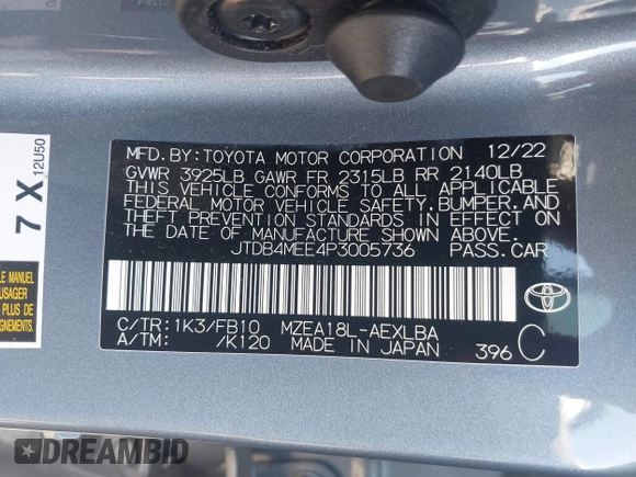 2023 Toyota Corolla LE z VIN JTDB4MEE4P3005736, wystawiony jako IAAI lot #41739662 z przebiegiem 28 257 mil mil oraz . Historia ofert i sprzedaży dostępna na DreamBid. Obrazek 9.