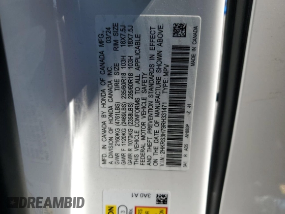 2024 Honda CR-V EX-L with VIN 2HKRS3H79RH331471, listed as a Copart auction lot 50324525 with 5,458 mi miles and Salvage Title. Bid and sale history available at DreamBid. Image 16.