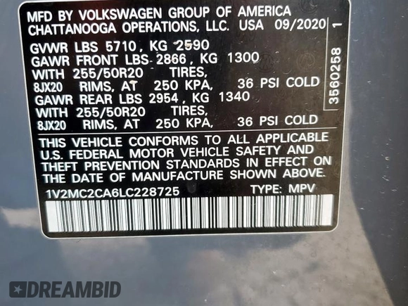 2020 Volkswagen Atlas SEL with VIN 1V2MC2CA6LC228725, listed as a Copart auction lot 59419645 with 61,508 mi miles and Clean title. Bid and sale history available at DreamBid. Image 13.