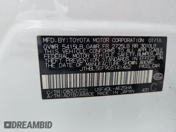 2016 Lexus LS 460 with VIN JTHBL5EF9G5141462, listed as a Copart auction lot 59148345 with 121,060 mi miles and Salvage title. Bid and sale history available at DreamBid. Image 12.