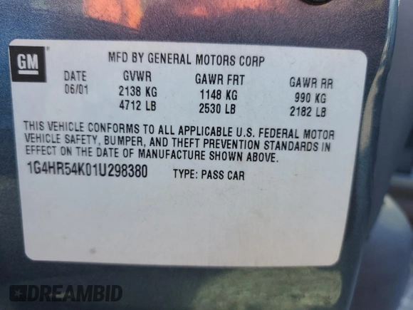 2001 Buick LeSabre Limited with VIN 1G4HR54K01U298380, listed as a Copart auction lot 51907935 with 130,842 mi miles and Salvage Title. Bid and sale history available at carsss.com. Image 12.
