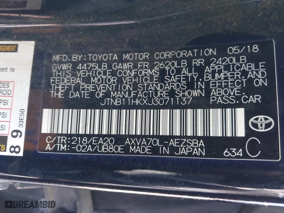 2018 Toyota Camry LE with VIN JTNB11HKXJ3071137, listed as a IAAI auction lot 41699856 with 102,310 mi miles. Bid and sale history available at carsss.com. Image 9.