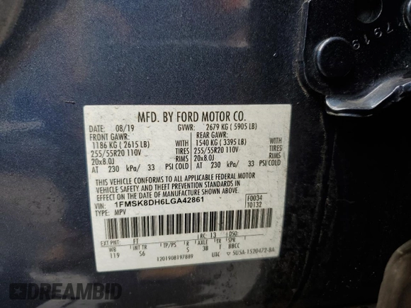 2020 Ford Explorer XLT with VIN 1FMSK8DH6LGA42861, listed as a Copart auction lot 53806025 with 61,283 mi miles and Salvage Title. Bid and sale history available at DreamBid. Image 13.