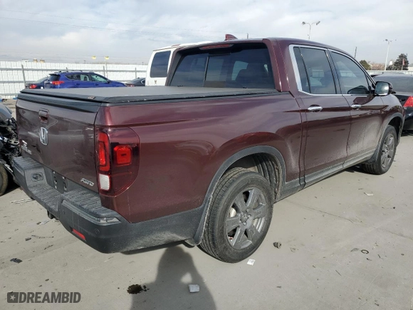 2020 Honda Ridgeline RTL-E with VIN 5FPYK3F76LB005283, listed as a Copart auction lot 43665005 with 28,284 mi miles and Salvage Title. Bid and sale history available at carsss.com. Image 3.