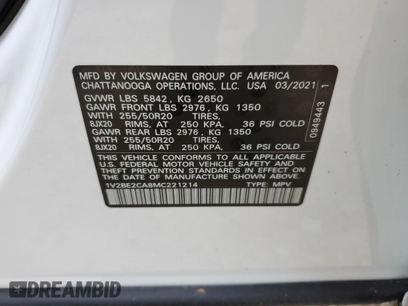 2021 Volkswagen Atlas SEL with VIN 1V2BE2CA8MC221214, listed as a Copart auction lot 68756842 with 19,915 mi miles and . Bid and sale history available at DreamBid. Image 14.