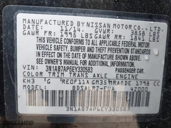 2014 Nissan Sentra SV with VIN 3N1AB7AP6EY330583, listed as a IAAI auction lot 41467309 with 155,017 mi miles. Bid and sale history available at carsss.com. Image 9.