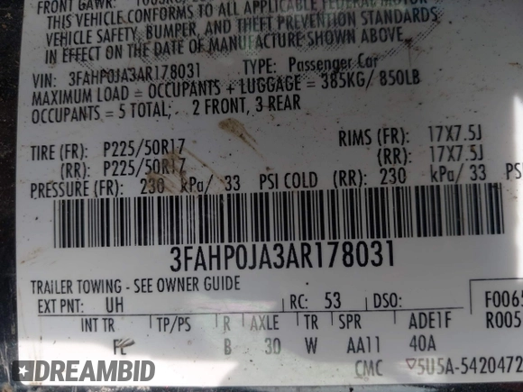2010 Ford Fusion SEL with VIN 3FAHP0JA3AR178031, listed as a IAAI auction lot 41855366 with 199,186 mi miles. Bid and sale history available at carsss.com. Image 9.