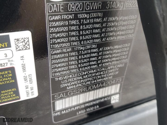 2021 Land Rover Range Rover Westminster with VIN SALGS2RU0MA420473, listed as a Copart auction lot 46851525 with 76,783 mi miles and Salvage Title. Bid and sale history available at carsss.com. Image 13.