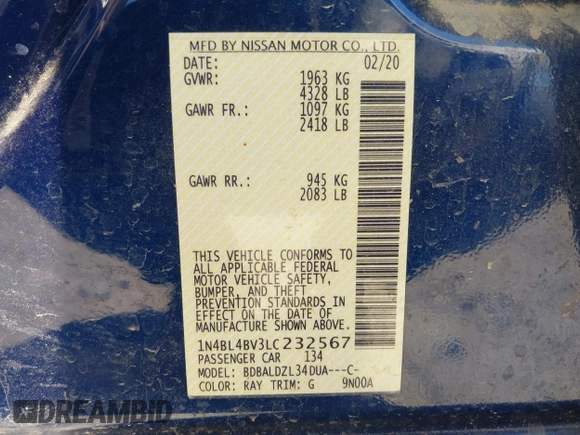 2020 Nissan Altima S with VIN 1N4BL4BV3LC232567, listed as a IAAI auction lot 39725803 with 119,540 mi miles and . Bid and sale history available at DreamBid. Image 9.