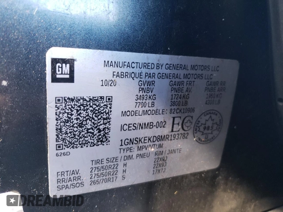 2021 Chevrolet Suburban RST z VIN 1GNSKEKD8MR193782, wystawiony jako Copart lot #82821484 z przebiegiem 74 195 mil mil oraz Szkoda całkowita • Salvage title. Historia ofert i sprzedaży dostępna na DreamBid. Obrazek 15.