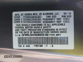 2013 Honda Odyssey LX z VIN 5FNRL5H29DB055166, wystawiony jako IAAI lot #41965037 z przebiegiem 122 470 mil mil oraz . Historia ofert i sprzedaży dostępna na DreamBid. Obrazek 9.