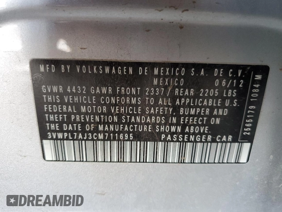 2012 Volkswagen Jetta TDI w/Sunroof & Nav with VIN 3VWPL7AJ3CM711695, listed as a Copart auction lot 55512875 with 149,161 mi miles and Salvage title. Bid and sale history available at DreamBid. Image 12.