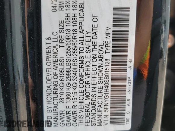 2025 Honda Pilot EX-L z VIN 5FNYG1H40SB015128, wystawiony jako Copart lot #48028125 z przebiegiem Nie podano mil oraz Szkoda całkowita • Salvage title. Historia ofert i sprzedaży dostępna na DreamBid. Obrazek 15.