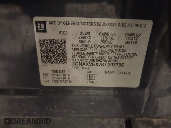 2019 Chevrolet Equinox LT with VIN 3GNAXVEX7KL293766, listed as a IAAI auction lot 41753459 with 67,163 mi miles. Bid and sale history available at carsss.com. Image 9.