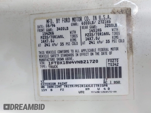 1997 Ford F-150 XL с VIN 1FTDX18W4VNB21720, выставлен на аукционе IAAI как лот 42578603 с пробегом 160 437 миль миль и . История ставок и продаж доступна на DreamBid. Изображение 9.
