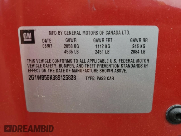 2008 Chevrolet Impala LS z VIN 2G1WB55K389125838, wystawiony jako Copart lot #54383045 z przebiegiem 189 835 mil mil oraz Szkoda całkowita • Salvage title. Historia ofert i sprzedaży dostępna na DreamBid. Obrazek 13.