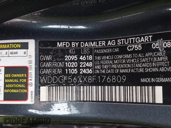 2008 Mercedes-Benz C 350 Sport with VIN WDDGF56XX8F176809, listed as a IAAI auction lot 41763030 with 99,572 mi miles and . Bid and sale history available at DreamBid. Image 9.