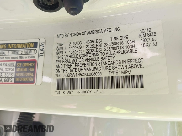 2019 Honda CR-V EX with VIN 5J6RW1H5XKL008095, listed as a IAAI auction lot 41947757 with 66,752 mi miles and . Bid and sale history available at DreamBid. Image 9.